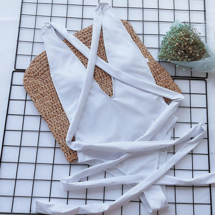 One-Piece Swimsuit with V-Neck and Crossed Straps