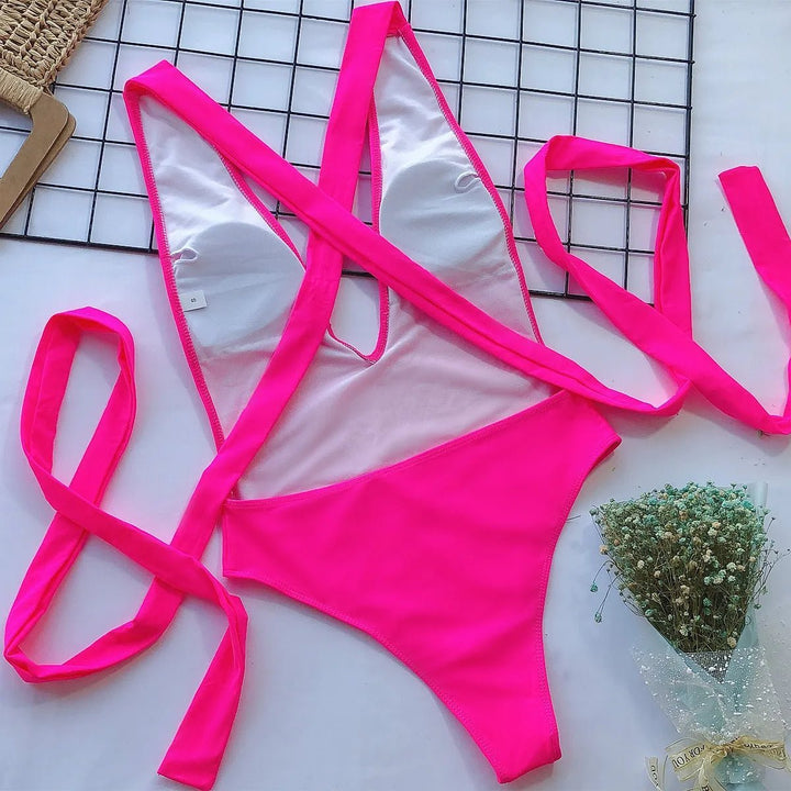 One-Piece Swimsuit with V-Neck and Crossed Straps