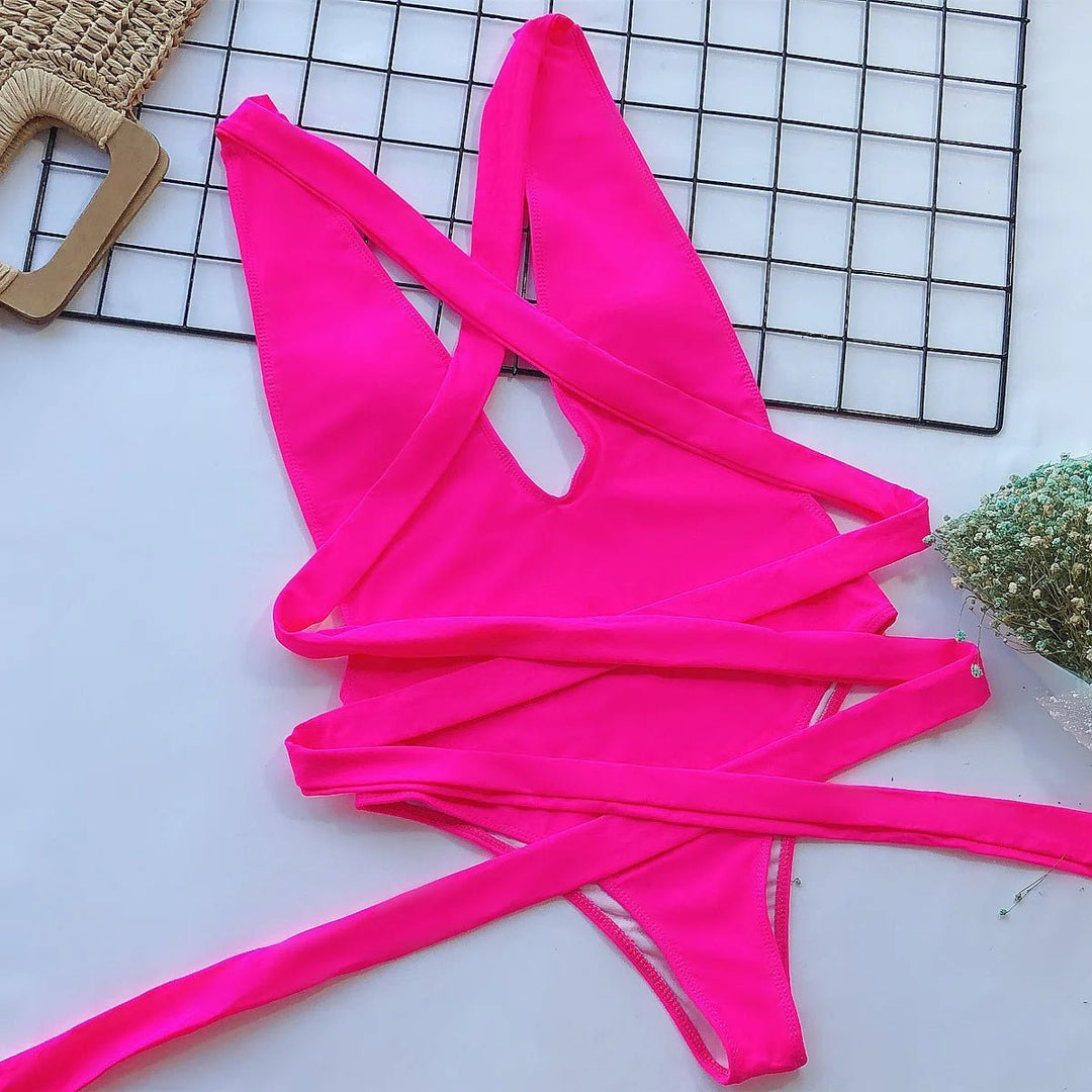 One-Piece Swimsuit with V-Neck and Crossed Straps