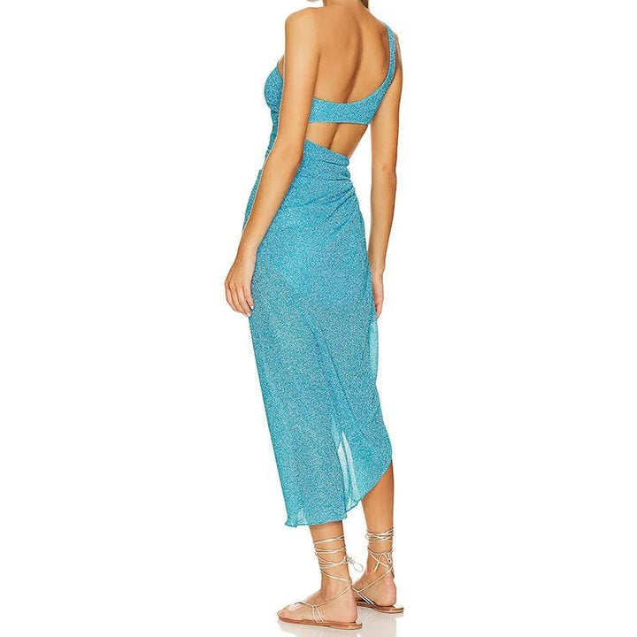 One-Shoulder Blue Beach Cover-Up with High Slit