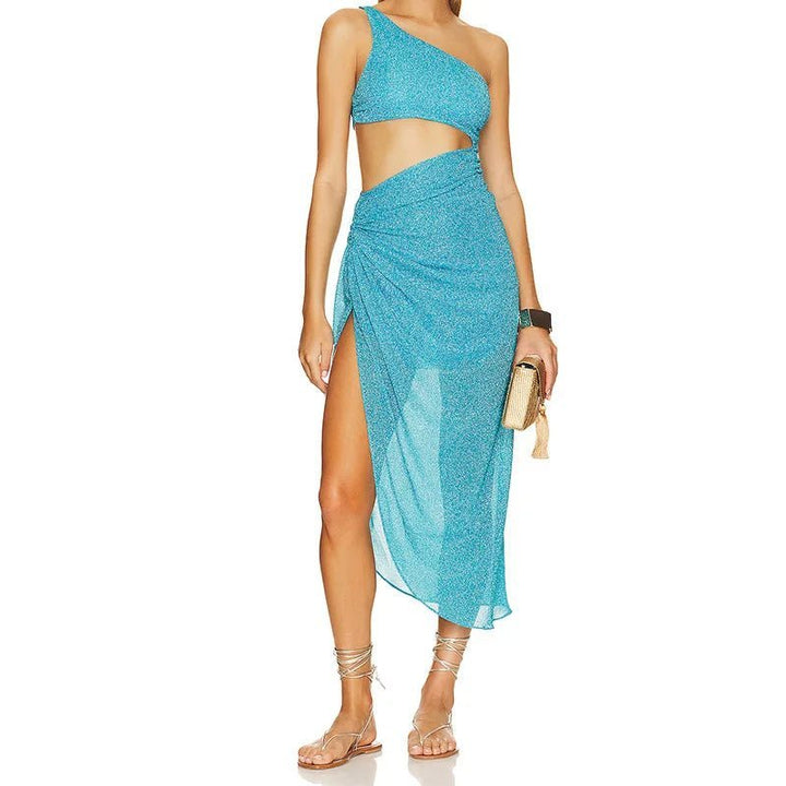 One-Shoulder Blue Beach Cover-Up with High Slit