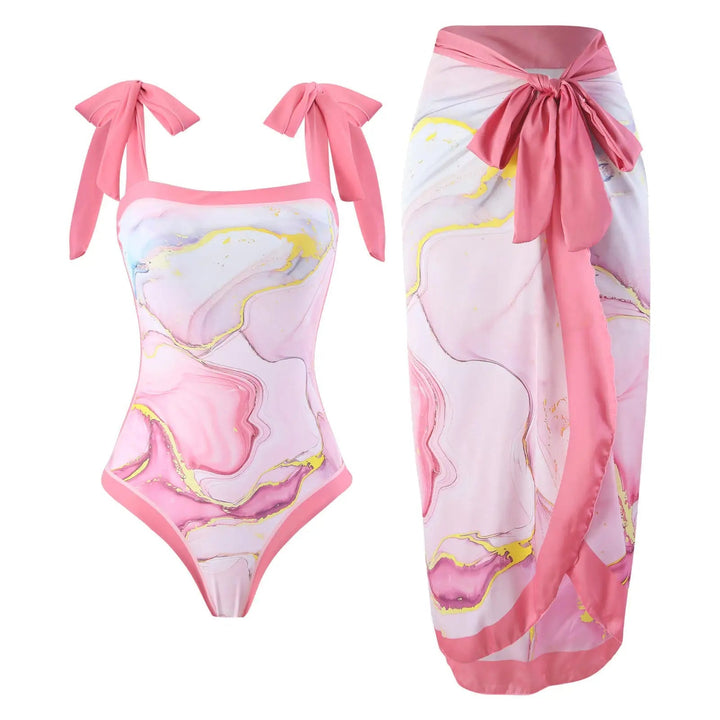 Pink Marble Print One-Piece Swimsuit with Bow-Tie Straps &amp; Matching Sarong