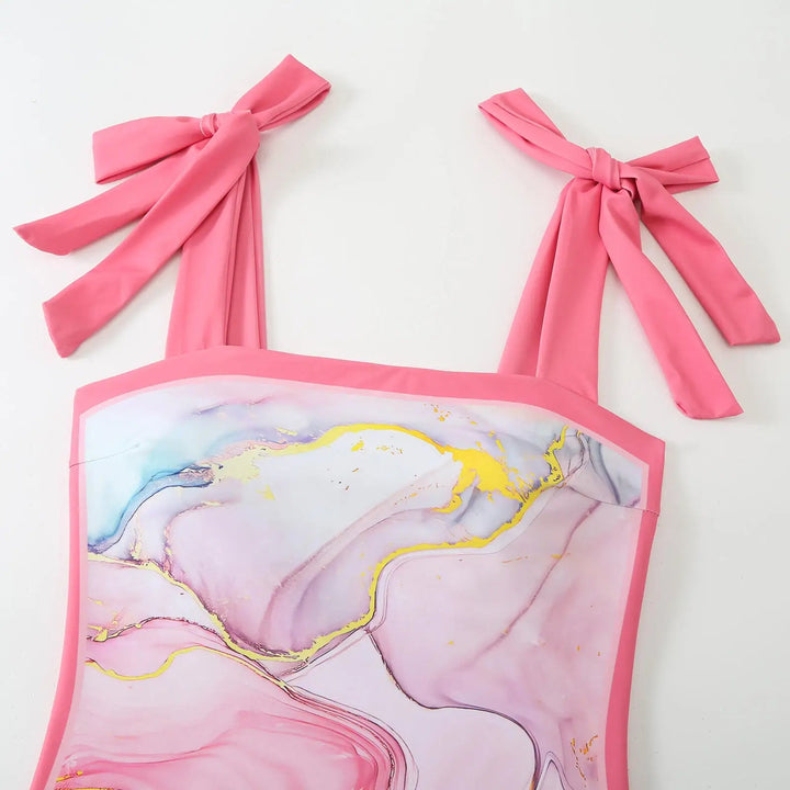 Pink Marble Print One-Piece Swimsuit with Bow-Tie Straps &amp; Matching Sarong