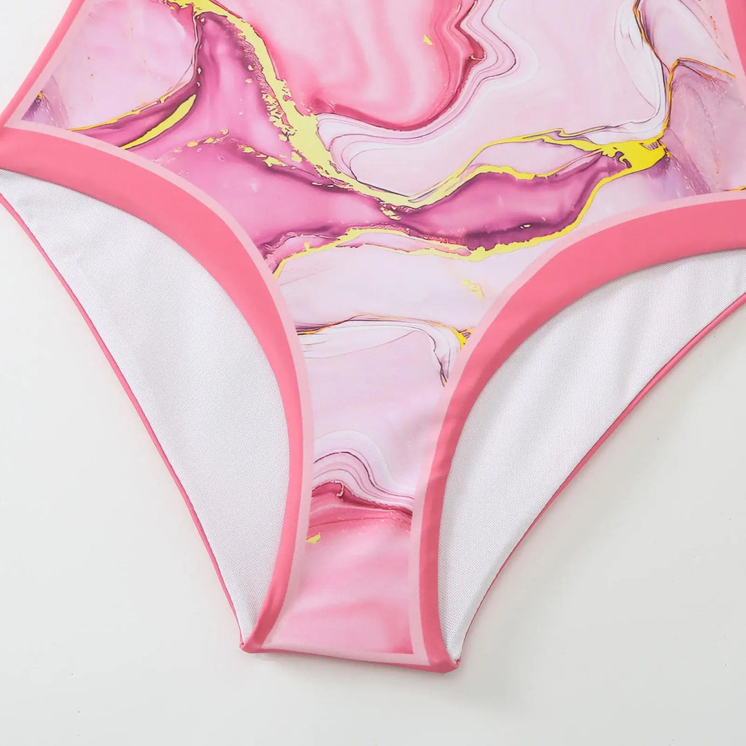 Pink Marble Print One-Piece Swimsuit with Bow-Tie Straps &amp; Matching Sarong