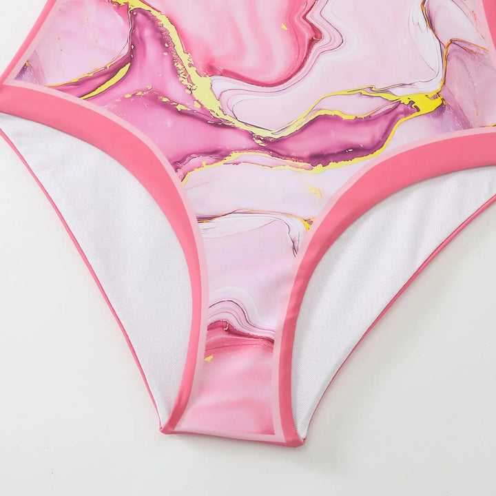 Pink Marble Print One-Piece Swimsuit with Bow-Tie Straps &amp; Matching Sarong