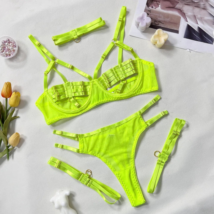 Sensual Sheer Mesh Strappy Lingerie Set with Matching Choker and Thigh Straps