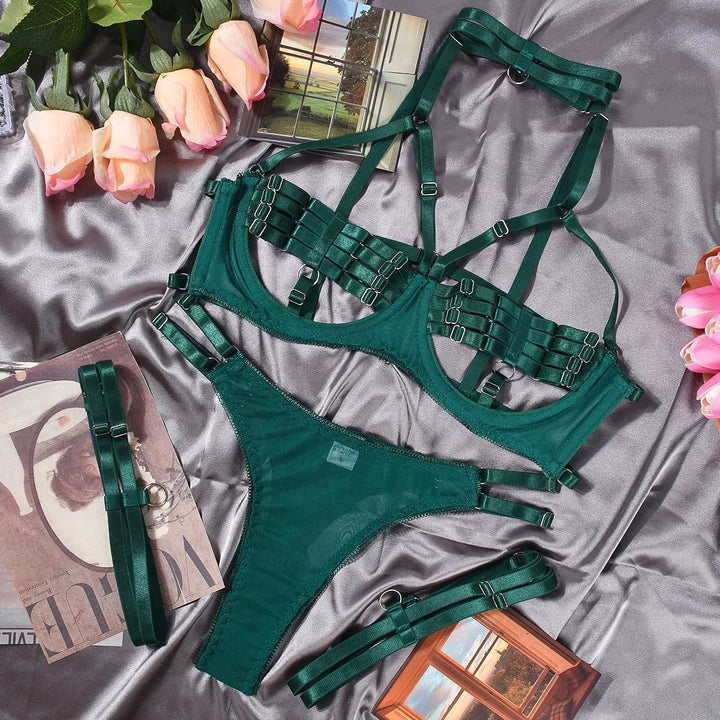 Sensual Sheer Mesh Strappy Lingerie Set with Matching Choker and Thigh Straps