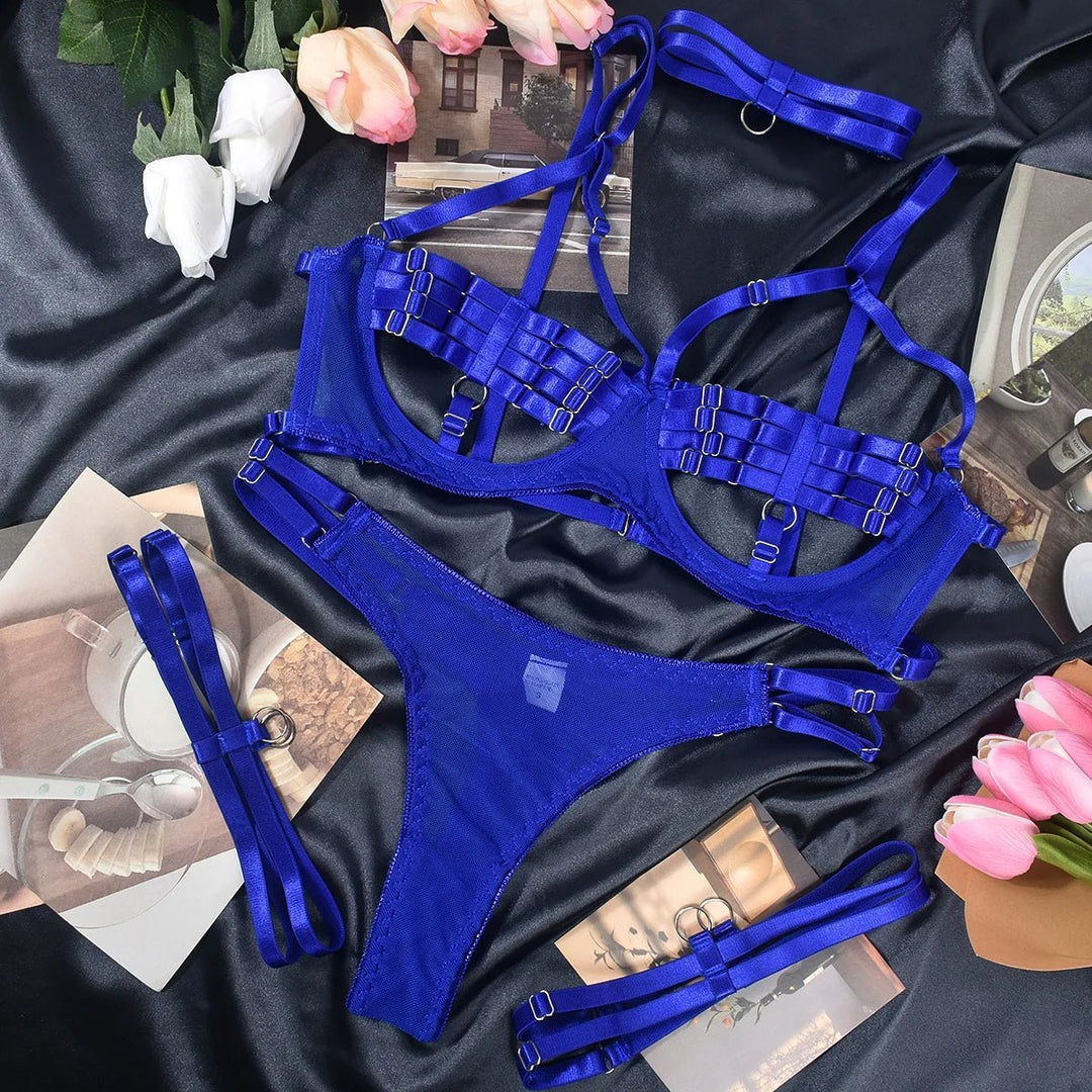 Sensual Sheer Mesh Strappy Lingerie Set with Matching Choker and Thigh Straps