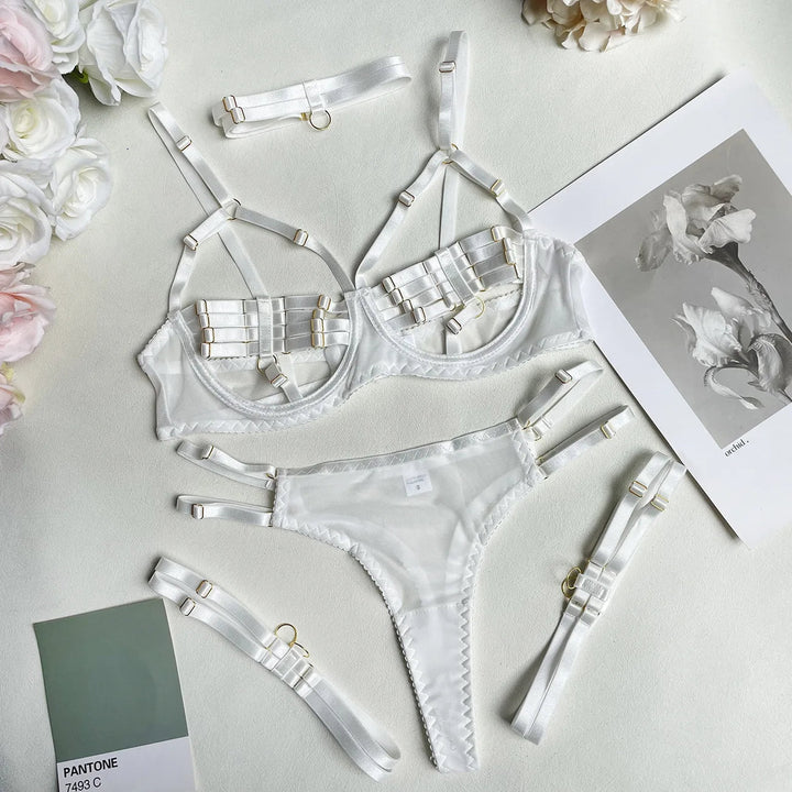 Sensual Sheer Mesh Strappy Lingerie Set with Matching Choker and Thigh Straps