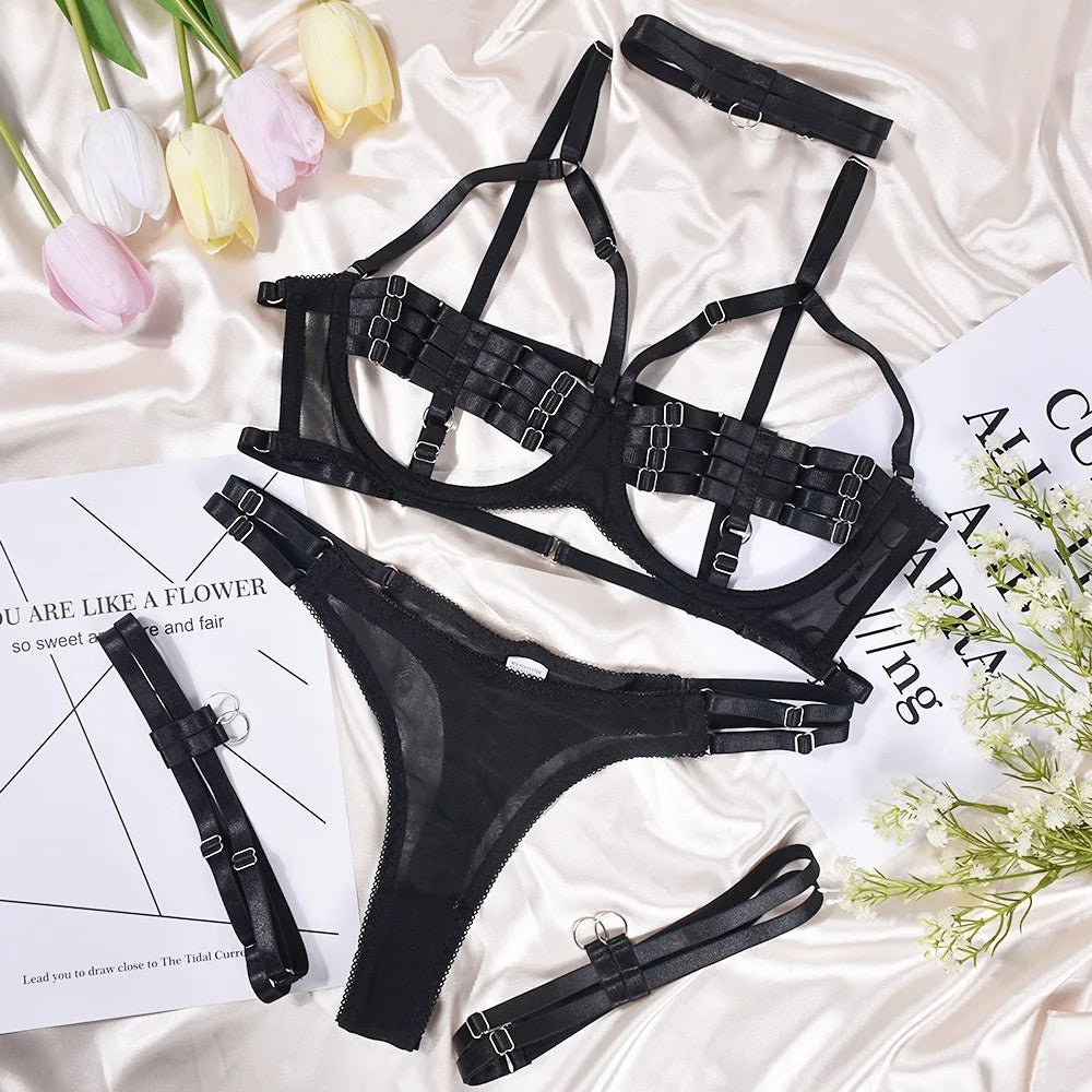 Sensual Sheer Mesh Strappy Lingerie Set with Matching Choker and Thigh Straps