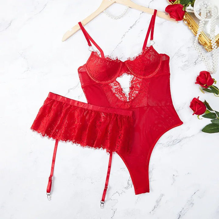 Sensual tulle bodysuit with lace trim and adjustable straps