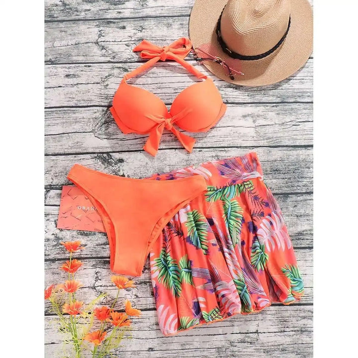 Orange Leaf Print Bikini Set with Skirt