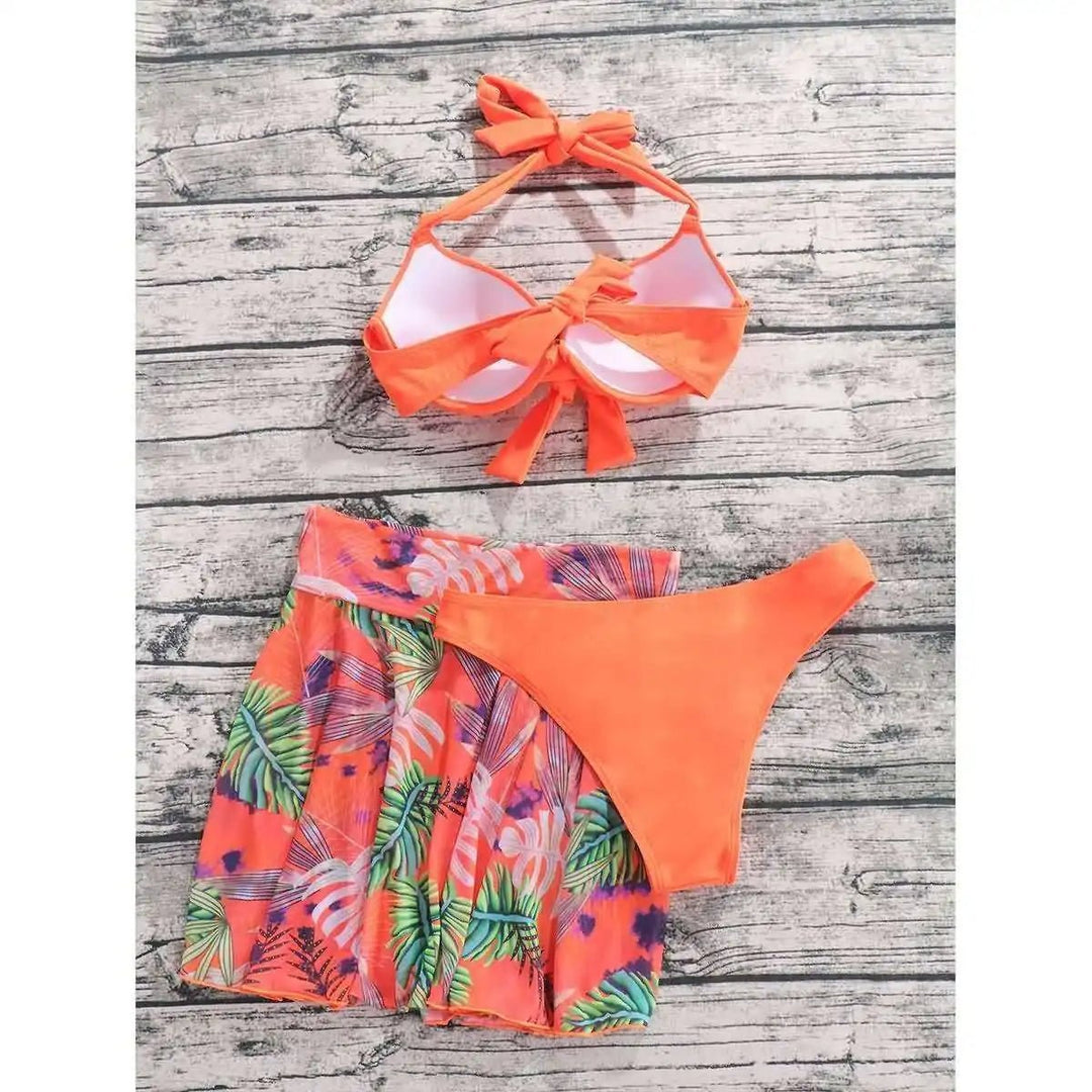 Orange Leaf Print Bikini Set with Skirt