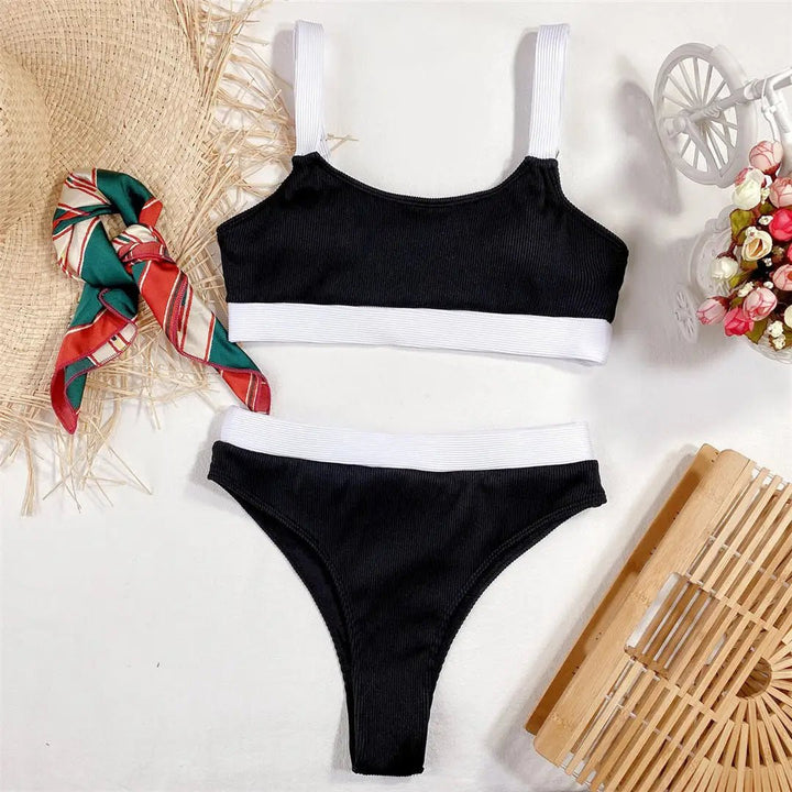 Ribbed Color-Block Bikini Set