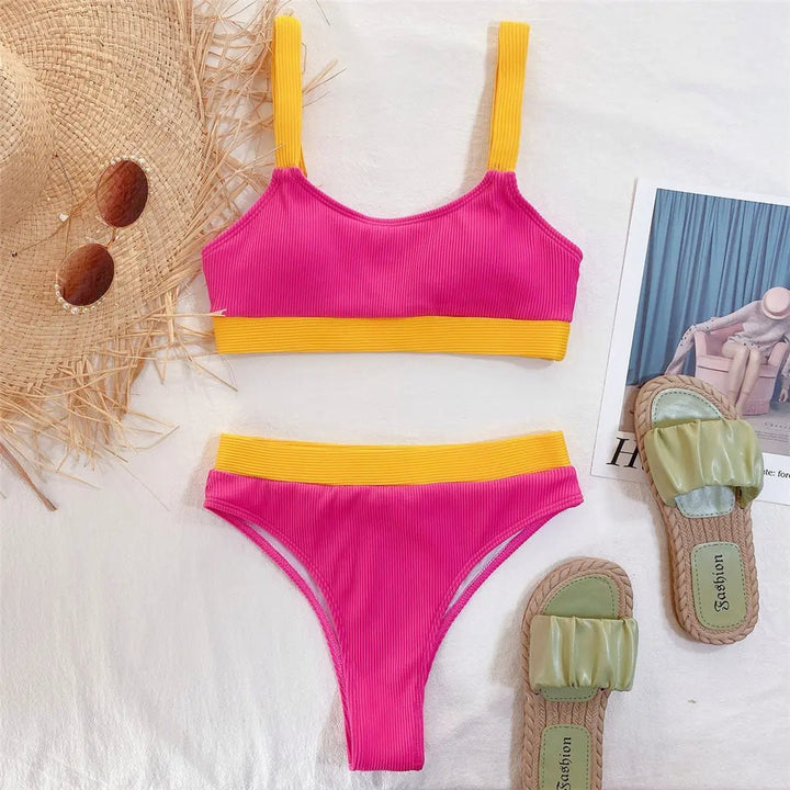 Ribbed Color-Block Bikini Set