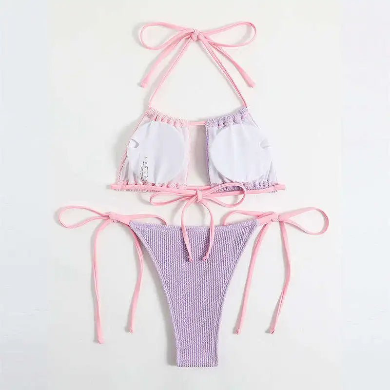 Two Tone Pastel Bikini with Adjustable Ties and Textured Fabric