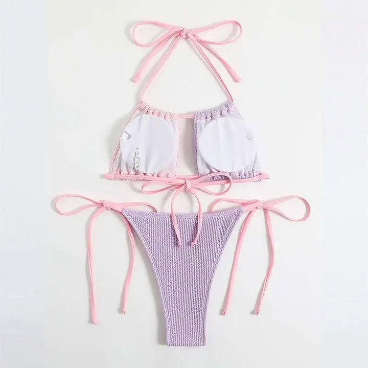 Two Tone Pastel Bikini with Adjustable Ties and Textured Fabric