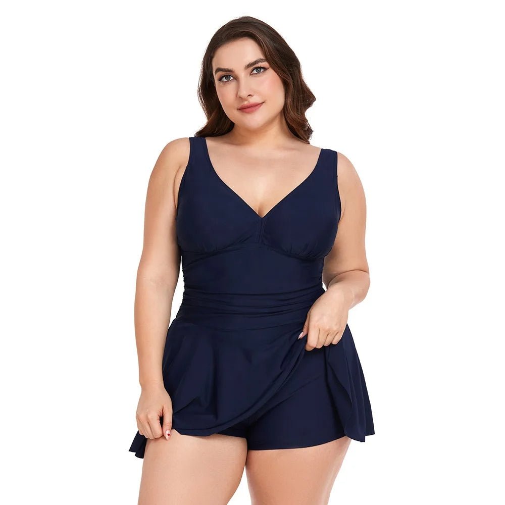 V-Neckline Swimdress, Flowing Skirt with Built-in Shorts