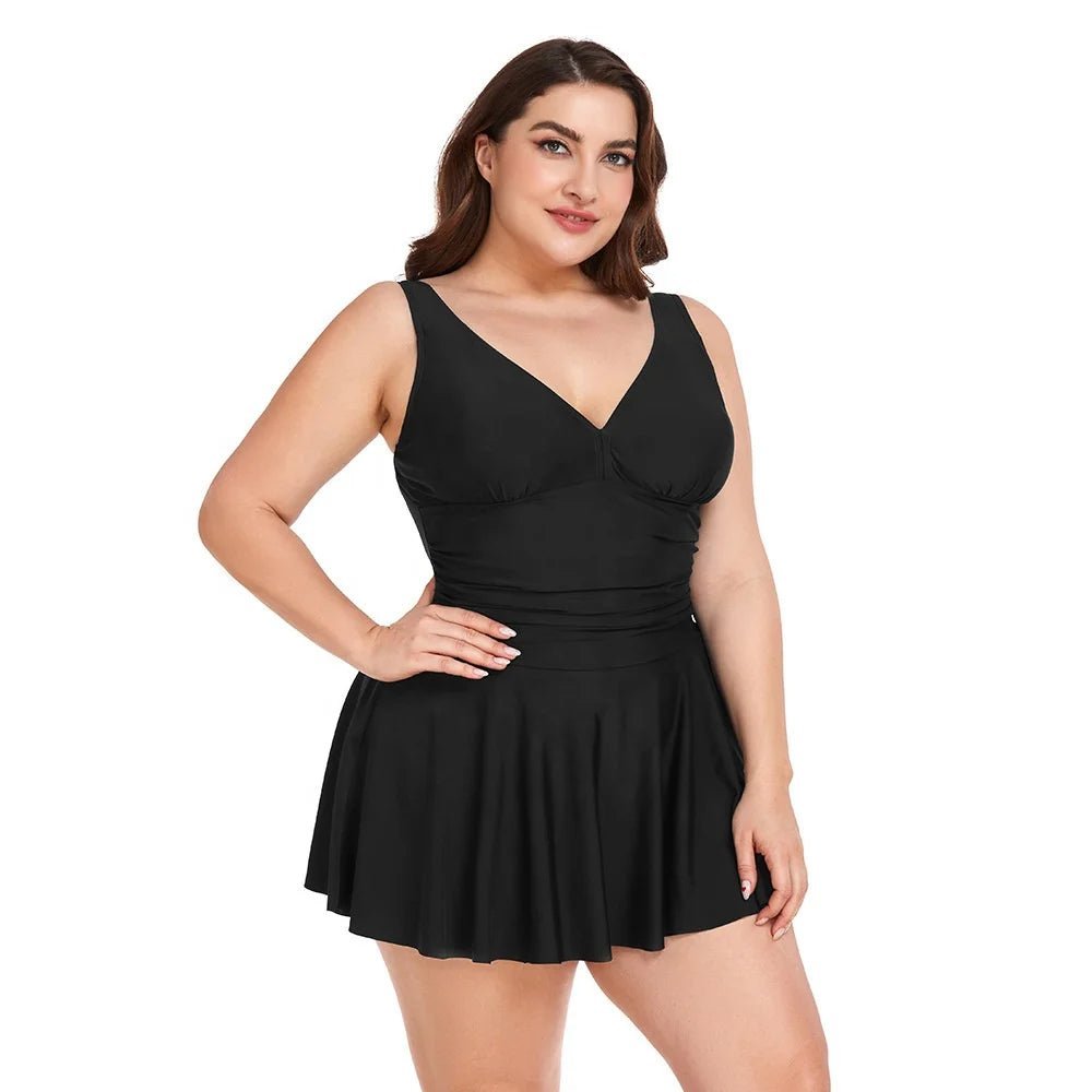 V-Neckline Swimdress, Flowing Skirt with Built-in Shorts