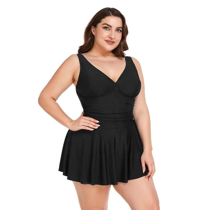 V-Neckline Swimdress, Flowing Skirt with Built-in Shorts