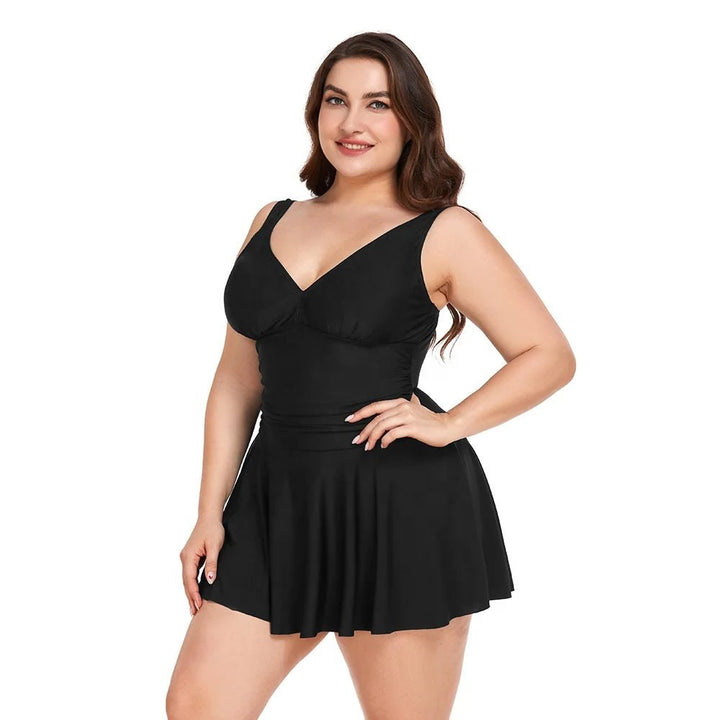 V-Neckline Swimdress, Flowing Skirt with Built-in Shorts