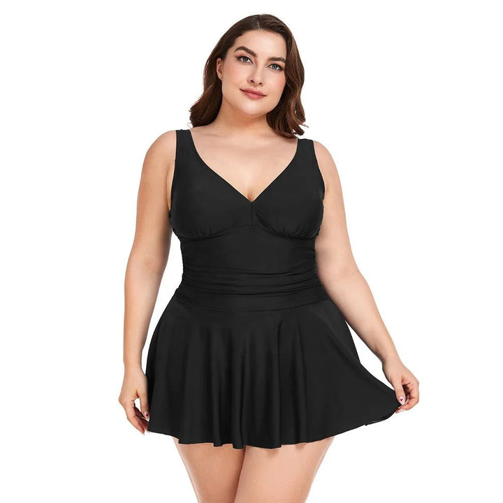 V-Neckline Swimdress, Flowing Skirt with Built-in Shorts