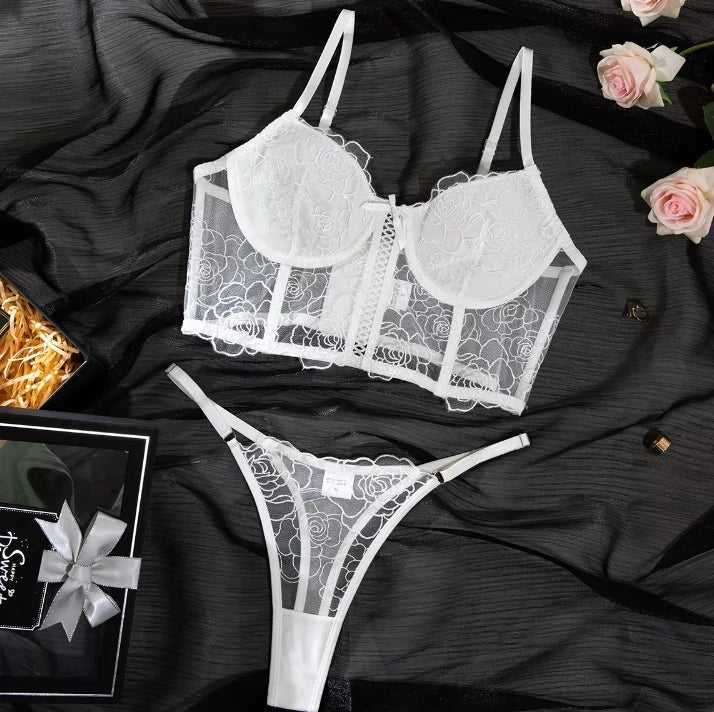 White Lace Lingerie Set with Underwire Bra and Floral Thong